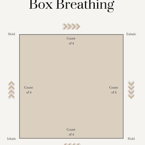 May include: A beige diagram with the words "Box Breathing" at the top. The diagram is a square with arrows and the words "Inhale", "Exhale", and "Hold" around the perimeter. Inside the square are the words "Count of 4".