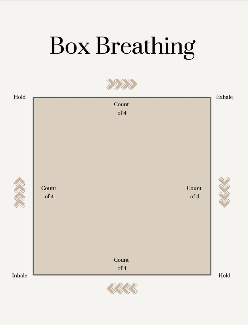 May include: A beige diagram with the words "Box Breathing" at the top. The diagram is a square with arrows and the words "Inhale", "Exhale", and "Hold" around the perimeter. Inside the square are the words "Count of 4".