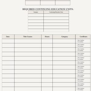 May include: A beige PD Tracker form with labeled sections for State, License Number, and Renewal Date. It includes a section for Required Continuing Education Units and a detailed table for tracking courses, hours, and certificates.