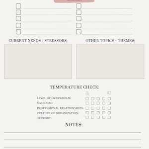 May include: A beige supervision plan template with the title "SUPERVISION PLAN" at the top. It includes sections for cases, current needs/stressors, other topics/themes, and a temperature check. The template also has a section for notes.