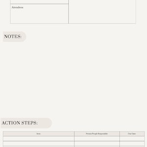 May include: A beige meeting notes template with headings and sections for topic, agenda, attendees, notes, and action steps. The top of the page includes the text "MEETING NOTES" and "DATE:" in a serif font.