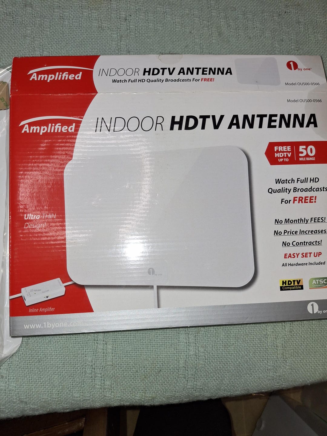Amplified Indoor HDTV Antenna 50 Mile Range Model OUSOO-0566 Ultra Thin ...