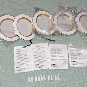 May include: Five white LED recessed lights with gold trim, packaged in clear plastic. Included are instruction manuals and mounting clips. The lights are circular and have a modern design.