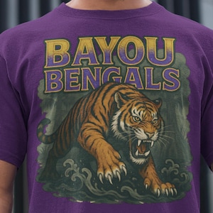 Bayou Bengals LSU Tiger T Shirt, LSU Fan Tee, Louisiana State University Shirt, College Football Apparel, Purple and Gold Tiger Shirt, LSU