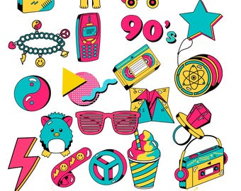 90s Retro Clipart Bundle: Y2K Graphics, Nostalgic Stickers (Digital Download)