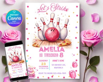 Editable Bowling Birthday Invitation, Let’s Strike Up Some Fun Girls Party Invite, Printable Pink Bowling Invite, Editable Canva