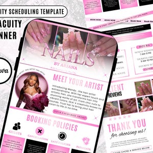 May include: A pink and black digital advertisement for a nail salon, featuring the text "NAILS by Ariana." The design includes images of manicured nails, a photo of the nail artist, and booking information. The Canva logo is visible.