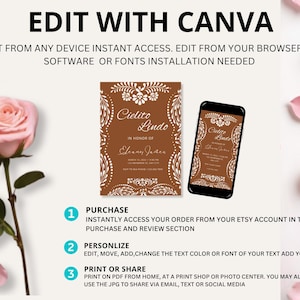 May include: A brown invitation card and a smartphone display the same design with the text "Cielito Lindo". The invitation has white floral patterns and text. The image also includes a pink rose and instructions: Purchase, Personalize, and Print or Share.