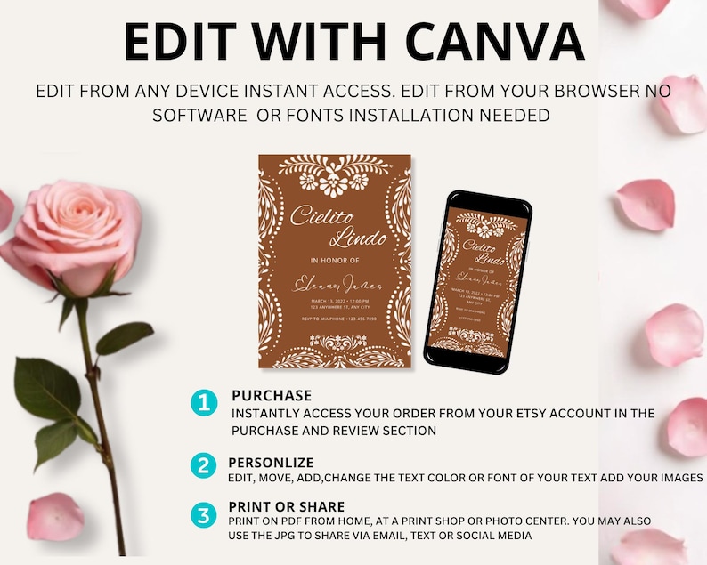 May include: A brown invitation card and a smartphone display the same design with the text "Cielito Lindo". The invitation has white floral patterns and text. The image also includes a pink rose and instructions: Purchase, Personalize, and Print or Share.