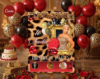 Cheetah Birthday Welcome Sign, Birthday Invitation, Leopard Cherry Party Poster, Printable Template, Instant Download, Canva Editable