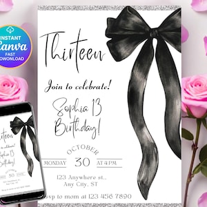 Op de afbeelding: Een witte uitnodiging met het woord "Thirteen" in sierlijke letters, een grote zwarte strik en de tekst "Join to celebrate! Sophia 13 Birthday!". De datum is 30 oktober om 16.00 uur. Een smartphone toont hetzelfde ontwerp.