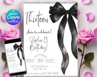 Coquette 13th Birthday Invitation: Black Bow, Trendy Girl (Digital Download)