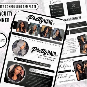 May include: A black and white digital flyer for a hair salon, featuring the text "Pretty Hair by Ariana." The flyer includes images of hairstyles, contact information, and booking details. The design is clean and modern, with a focus on visual appeal.