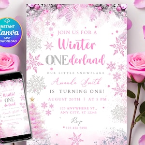 May include: A pink and silver Winter Onederland invitation with snowflake and floral accents. The invitation includes the text "Join us for a Winter Onederland" and event details. A smartphone displays the invitation design.