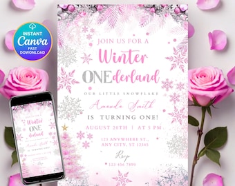 Editable Winter Onederland Invitation Girl Snowflake First Birthday Pink Silver Winter Wonderland Invites 1st Birthday Invite Template