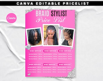 Braids Pricelist, Hair Styles Braiding Price Guide, DIY Flyer Template Design, Beauty Salon Price Sheet, Premade Lash hair Nails Price List