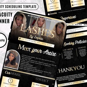 May include: Black and gold Acuity scheduling template for a lash artist, featuring the text "Lashes by Sophia." The design includes sections for booking policies, contact information, and a welcome message. The template is designed in Canva.