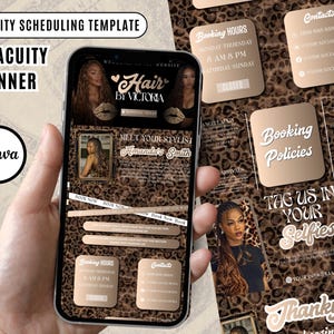 May include: A mobile phone displaying a hair salon's Acuity Scheduling Template. The design features a leopard print background, images of hairstyles, and text that reads "Hair by Victoria" and "Meet Your Stylist Amanda's Smith."