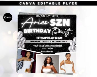 Aries Birthday Flyer, Birthday Flyer Templates, Girl Birthday Party Flyer, Celebration Flyer, Black & Silver Birthday Event Flyer Invitation