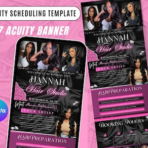 May include: A pink and black Acuity scheduling template banner for Hannah Hair Studio. The banner includes the text "Acuity Scheduling Template" and "07 Acuity Banner". The banner also includes the text "Welcome to my booking site" and "Hair Preparation".