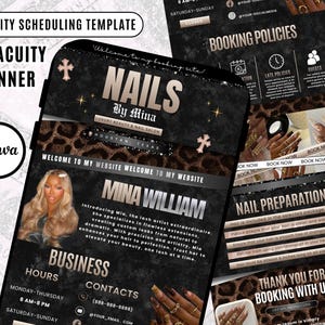 Könnte beinhalten: Digitales Marketing-Template für ein Nagelstudio, mit einem schwarz-goldenen Design und Leopardenmuster-Akzenten. Die Vorlage enthält Buchungsrichtlinien, Nagelvorbereitungsanweisungen und Kontaktinformationen für Mina Williams Salon.