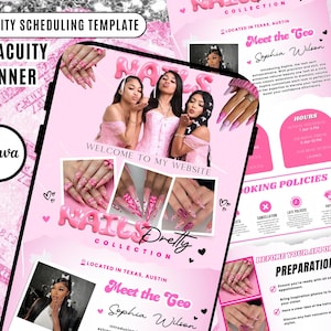 May include: A pink digital advertisement for a nail salon, featuring the text "NAILS Pretty COLLECTION" and "Meet the Geo Sophia Wilson." The design includes images of nail art and models, with the words "Acuity Scheduling Template" and "Canva."