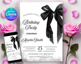 Black Bow Birthday Invitation Template: Coquette Party Invite (Editable Canva Template)
