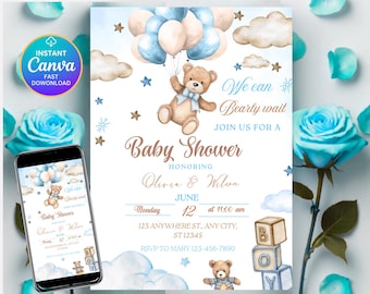Blue Boho Teddy Bear Baby Shower Invitation (Editable Canva Template)