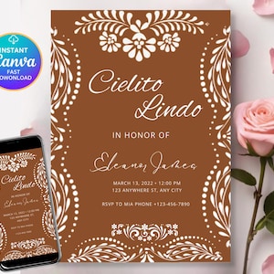 May include: A brown invitation card with white floral designs and the text "Cielito Lindo". The invitation includes event details and a phone number. A smartphone displays the same design. A Canva download icon is visible.