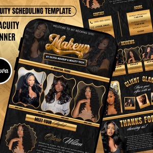 May include: A digital Acuity scheduling template and banner set featuring a black and gold color scheme. The design includes sections for contact information, business hours, client reviews, and a stylist profile with placeholders for photos.