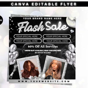 Può includere: Volantino Canva modificabile in bianco e nero con testo argento "Flash Sale". Il volantino include campi di testo per offerte speciali, immagini di acconciature e un indirizzo di sito web. Palloncini argentati e una palla da discoteca decorano il design.