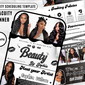 May include: A black and white digital banner template for a beauty salon, featuring images of women with long hair. The banner includes the text "Beauty By Sophia" and "Meet your Artist Sophia Wilson."