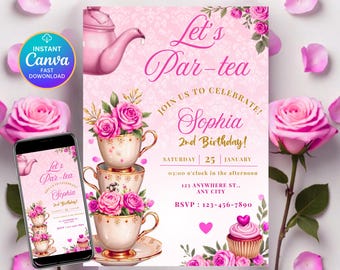 Floral Tea Party Birthday Invitation, Pink and Gold (Editable Printable Template)