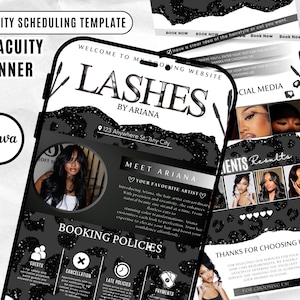 May include: A black and white digital design for a lash business, featuring a smartphone mockup with the text "Lashes by Ariana." The design includes images, booking information, and the Canva logo. The design also includes the text "Welcome to my booking website."