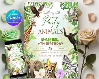 May include: A digital invitation with a jungle theme, featuring illustrations of animals like a giraffe, zebra, and cheetah. The text reads "Party Animals" and announces a 7th birthday. Includes a phone displaying the invitation.