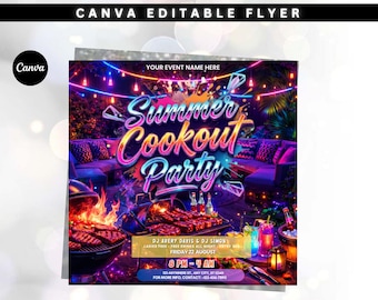 Backyard Cookout Flyer, BBQ Party, Editable Canva Template (DIY)