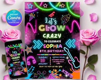 Editable Glow Birthday Party Invitation, Canva Template (Digital Download)