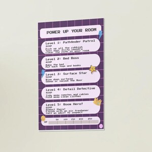 May include: A purple and white checklist titled "Power Up Your Room" with tasks like "Pathfinder Patrol" and "Bed Boss." Includes a progress bar and decorative elements like stars and a crown.