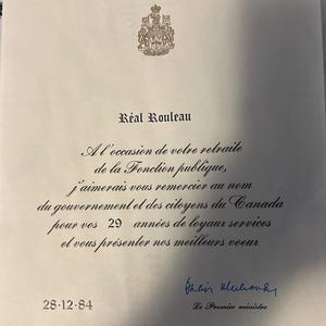 prime minister of Canada Brian Mulroney signed retirement letter