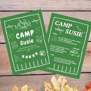 Camp Bachelorette / Brautparty Reiseplan Vorlage: Glamping Herbst Bachelorette Einladung (Canva Digital Download)