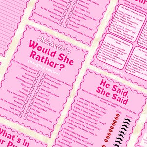 May include: Pink party game cards with various prompts and questions, including "Michelle's Would She Rather?" and "He Said, She Said." The cards feature playful text and a decorative border, perfect for a bachelorette party.