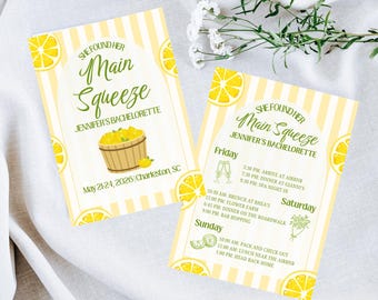 Plantilla de invitación e itinerario para despedida de soltera con temática de limones, invitación para despedida de soltera en la Costa Amalfitana, despedida de soltera en Main Squeeze Italy, editable en Canva.