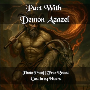 Peut inclure: Illustration numérique d'une figure musclée avec une barbe, tenant une massue en bois et chevauchant une chèvre. Le texte "Pact With Demon Azazel" est affiché en haut, avec du texte supplémentaire en bas.