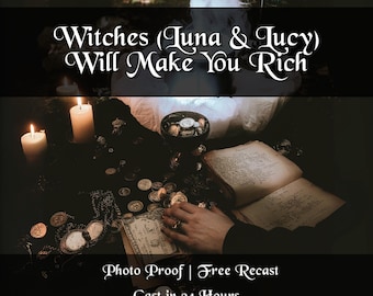 Könnte beinhalten: Ein dunkles Bild mit dem Text "Witches (Luna & Lucy) Will Make You Rich." Die Szene zeigt Kerzen, Münzen, ein offenes Buch und eine Hand. Rauch und eine Glasschale voller Münzen sind ebenfalls zu sehen.
