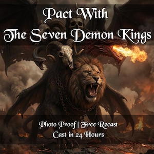 Könnte beinhalten: Digitales Kunstwerk mit einem Löwen mit Schädel und Hörnern, einem Drachen, der Feuer speit, und einer dämonischen Figur mit Flügeln. Der Text lautet "Pact With The Seven Demon Kings". Das Bild hat ein dunkles Fantasy-Thema.