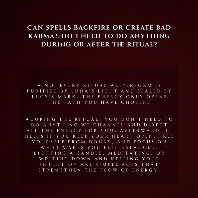 Puede incluir: Fondo rojo oscuro con texto blanco. El texto pregunta si los hechizos pueden salir mal o crear mal karma, y si hay que hacer algo durante o despu&eacute;s de un ritual. El texto proporciona respuestas.