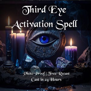 May include: An image featuring a mystical theme with the text "Third Eye Activation Spell." The composition includes a detailed eye symbol with a vibrant blue iris, surrounded by candles, crystals, and a dark, textured background. The overall aesthetic is dark and atmospheric.