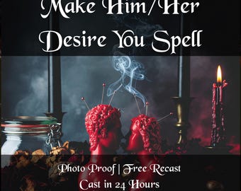 Puede incluir: Imagen oscura con dos velas rojas esculpidas con alfileres, emitiendo humo. El texto dice "Make Him/Her Desire You Spell", "Photo Proof | Free Recast" y "Cast in 24 Hours". Velas encendidas y un tarro en el fondo.
