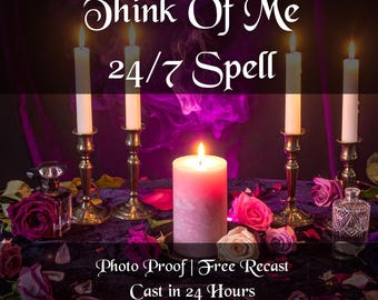 May include: An image featuring a candlelit scene with the text "Think Of Me 24/7 Spell." The scene includes lit candles in ornate holders, roses, and decorative bottles, with a purple and pink color scheme.