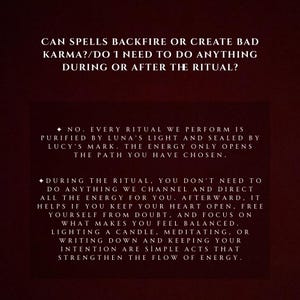 May include: A dark red background with white text. The text asks if spells can backfire or create bad karma, and if anything needs to be done during or after a ritual. The text provides answers about rituals.